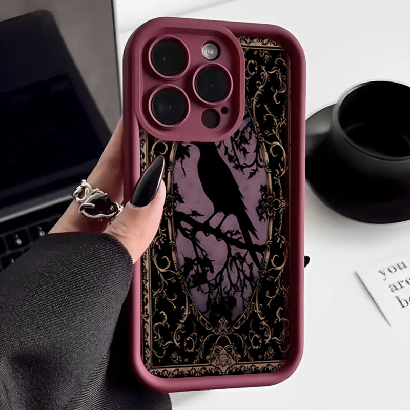 Phone Accessories Aesthetic - Aesthetic Black Crow Pattern Wine Red